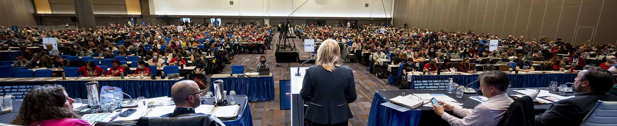 View of the convention floor from behind a speaker